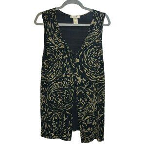 Vintage Society Sleeveless Top – Black & Tan Abstract Print Split-Front Blouse